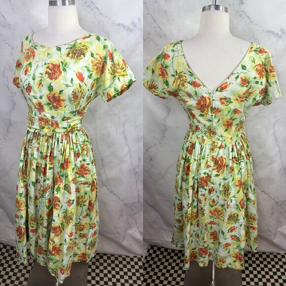 Vtg 1950s Full Skirt Day Dress tea M 50s Handmade Garden Floral MCM Party Flaw* - Picture 1 of 16
